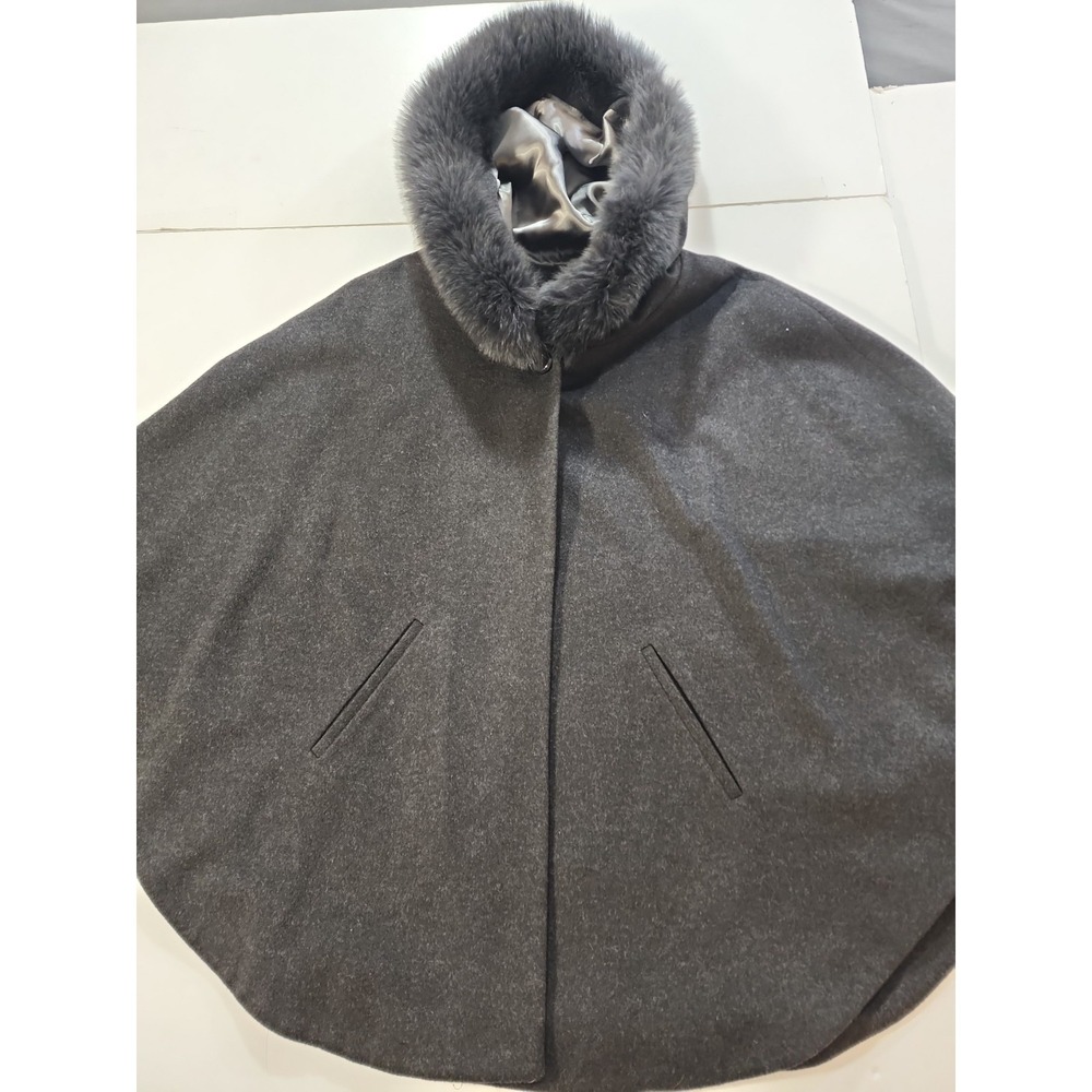 Sofia Cashmere Hooded Cape Coat Real Fox Fur Gray Wool Cashmere Jacket Poncho SM